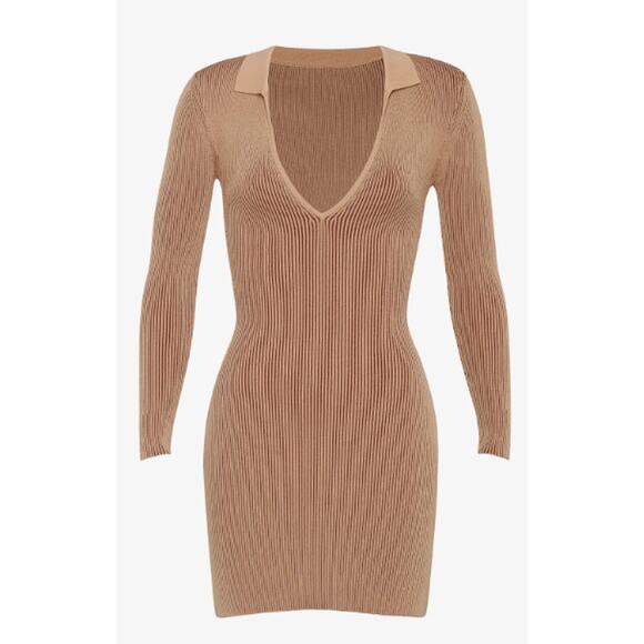 SER.O.YA Camel Beige Ribbed Knit V-Neck Long Sleeve Stretch Mini Dress Seroya XL - Picture 10 of 10